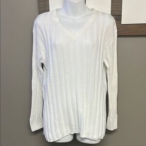 Talbots Women’s White V-Neck Ribbed Summer Cotton Linen Sweater- Large